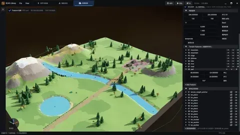 同一串 feature 在 ScadLibrary 里的样子:右侧列表就是上面那个数组,山、脊、湖、河、路、pad 按顺序排下来;左边的地形是它求值的结果。